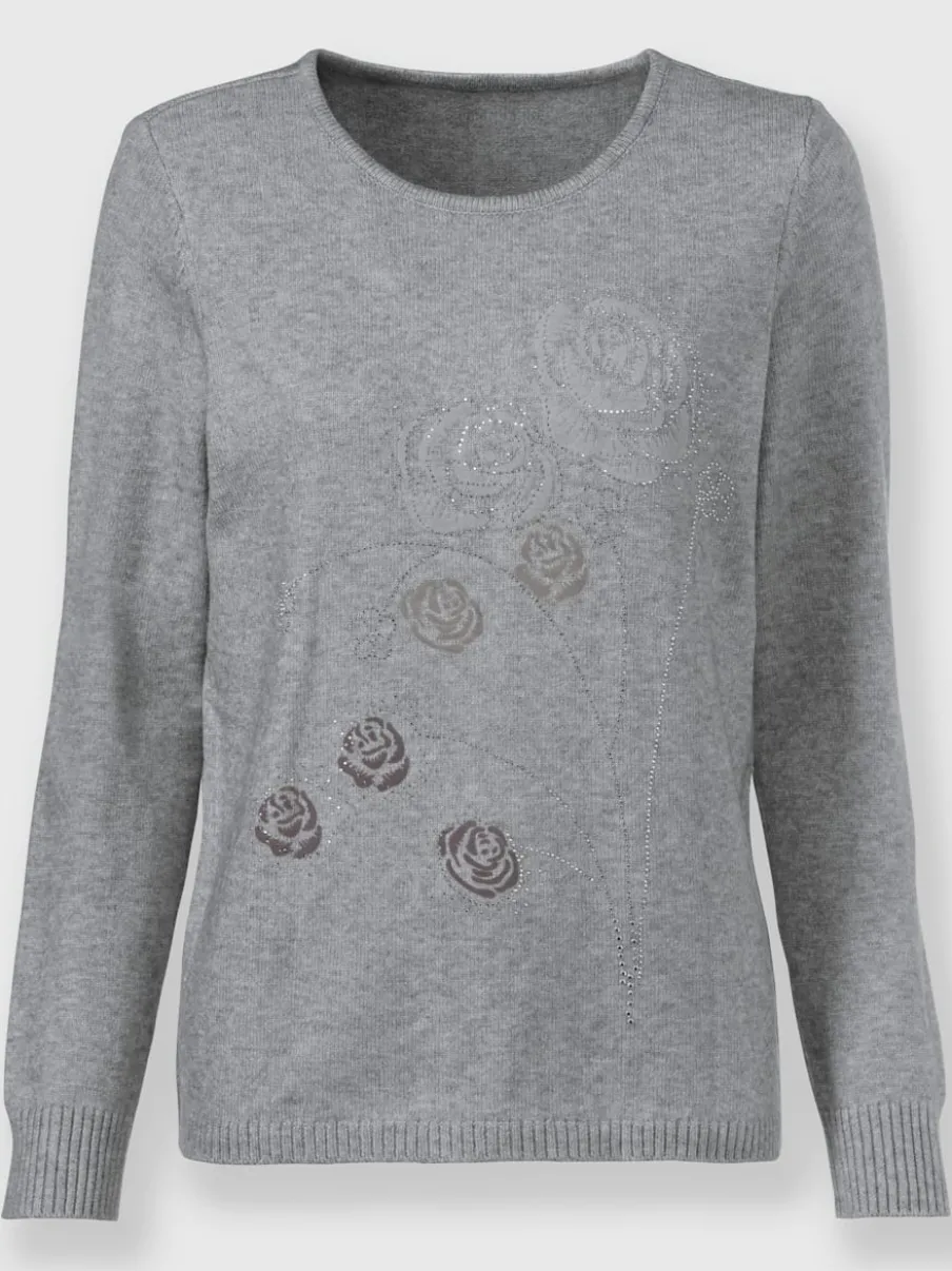 Pull encolure ronde motifs floraux et pierres brillantes