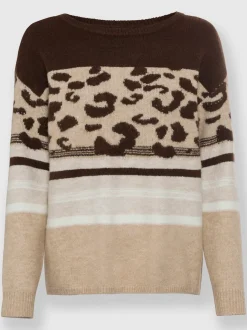Pull encolure ronde motifs léopard et rayures doux