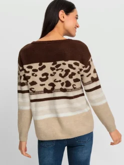 Pull encolure ronde motifs léopard et rayures doux