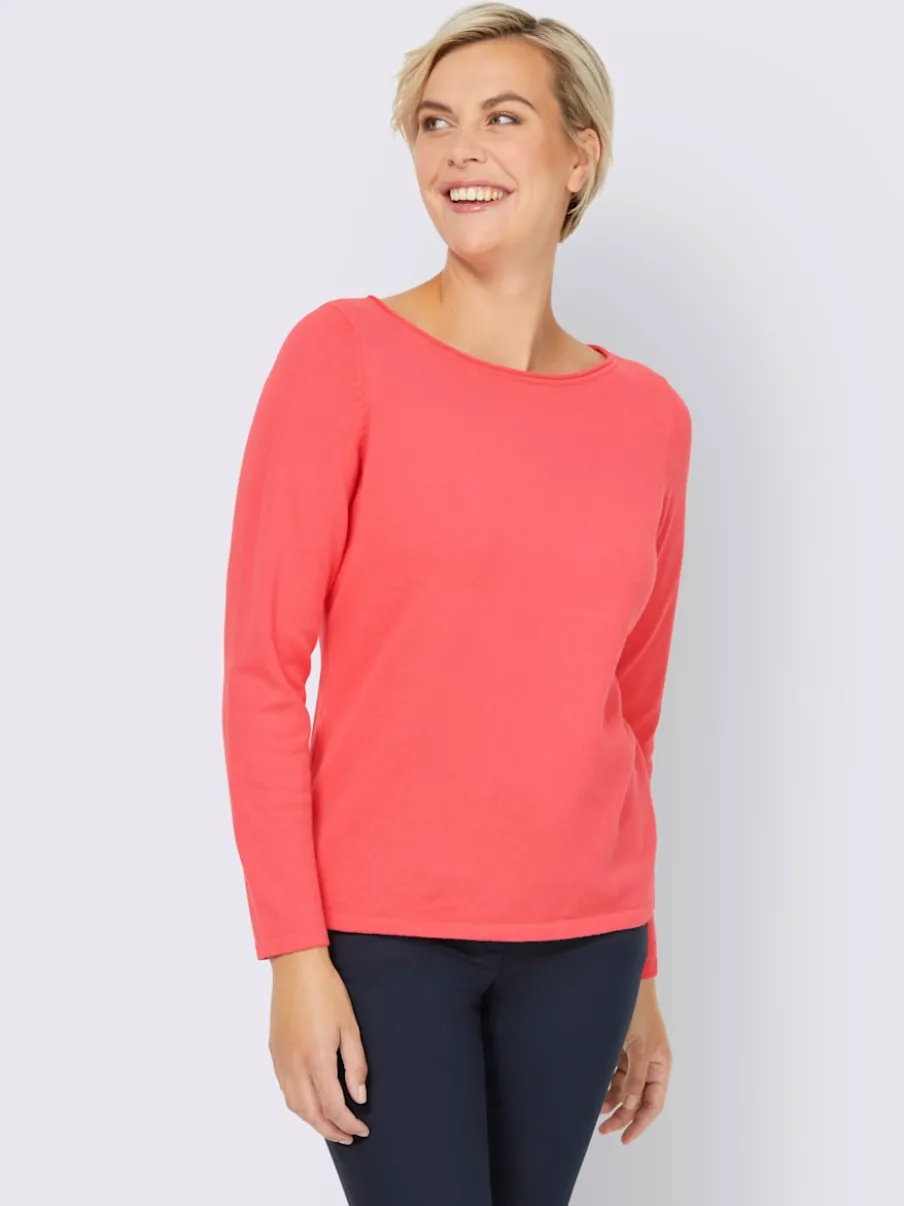 Pull en coton à encolure U manches longues bords roulés