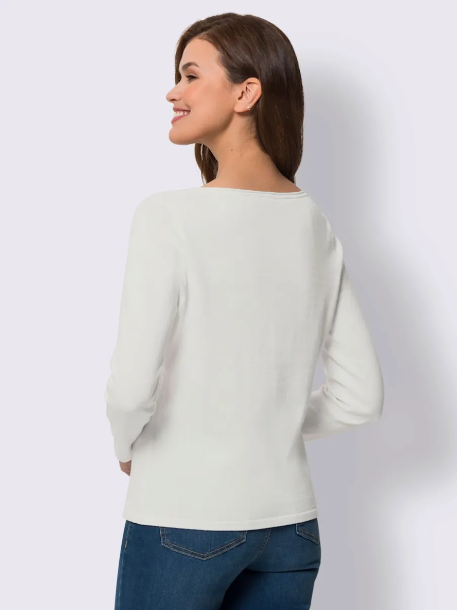 Pull en coton à encolure U manches longues bords roulés
