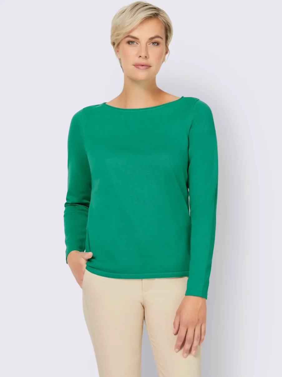 Pull en coton à encolure U manches longues bords roulés