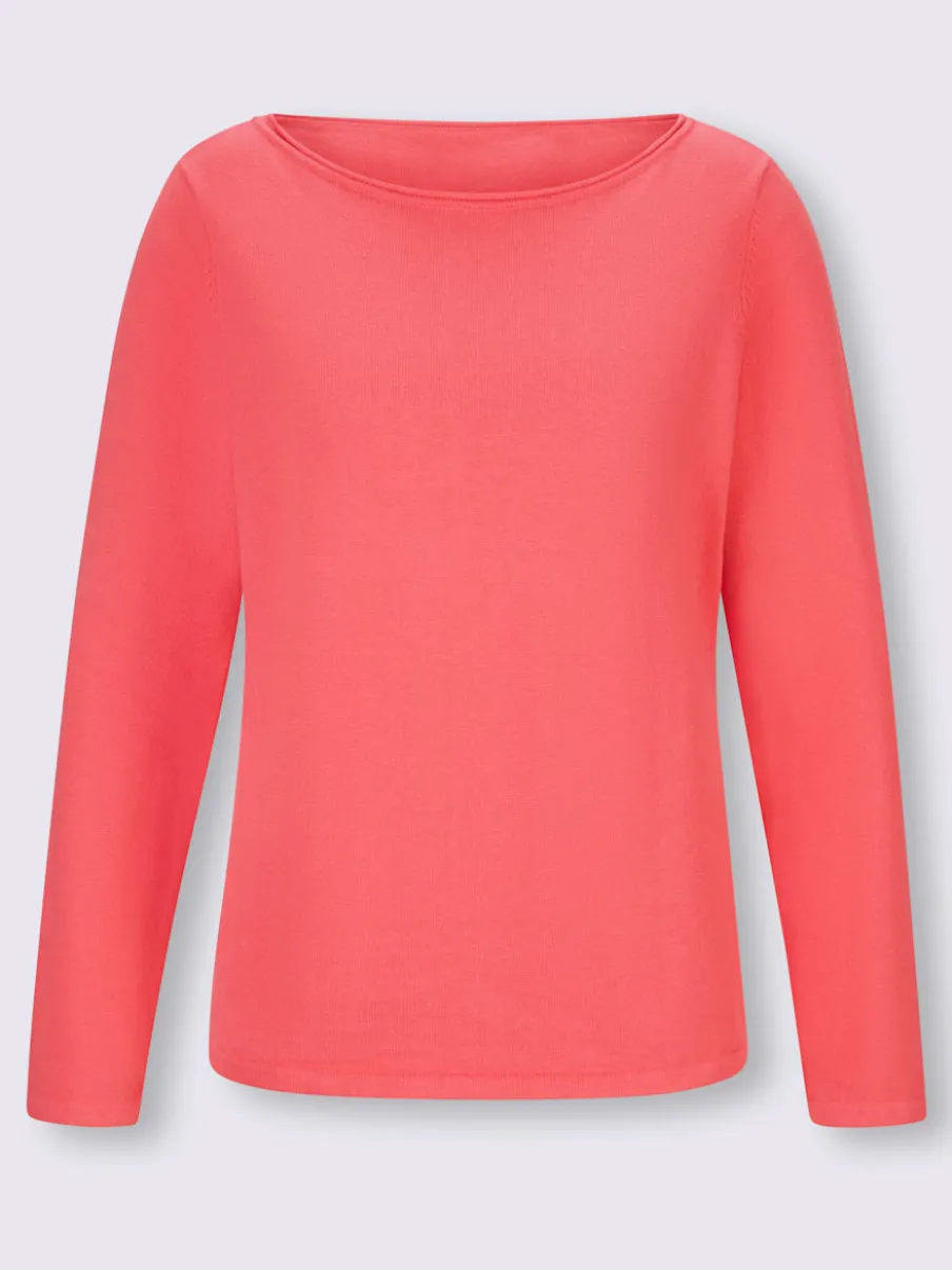 Pull en coton à encolure U manches longues bords roulés