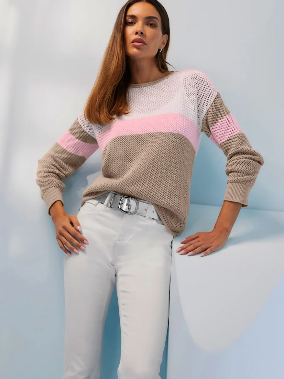 Pull en coton rayé à encolure ronde et mancherons