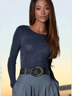 Pull en tricot brillant à encolure ronde avec manches longues