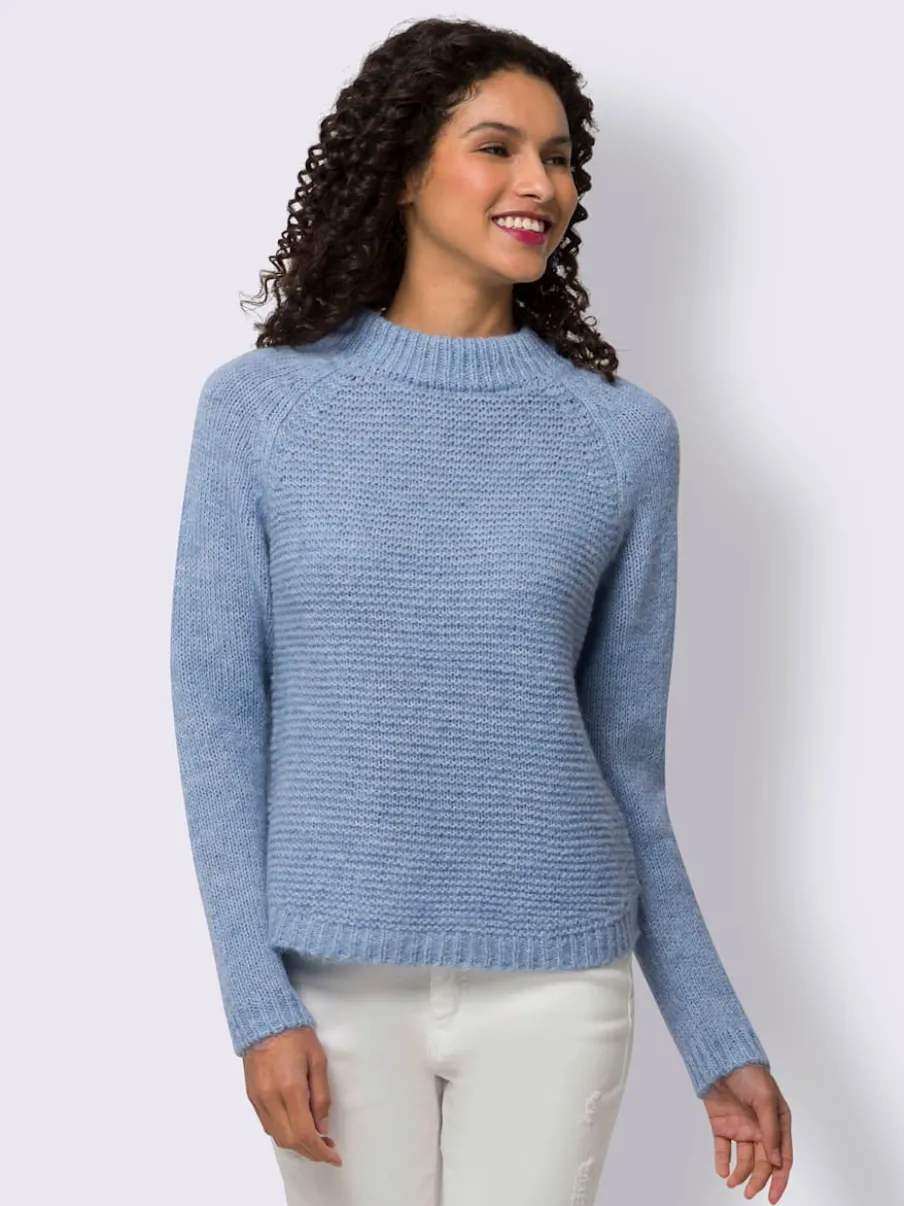 Pull en tricot col montant à manches trois-quarts et bords-côtes