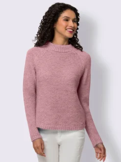Pull en tricot col montant à manches trois-quarts et bords-côtes