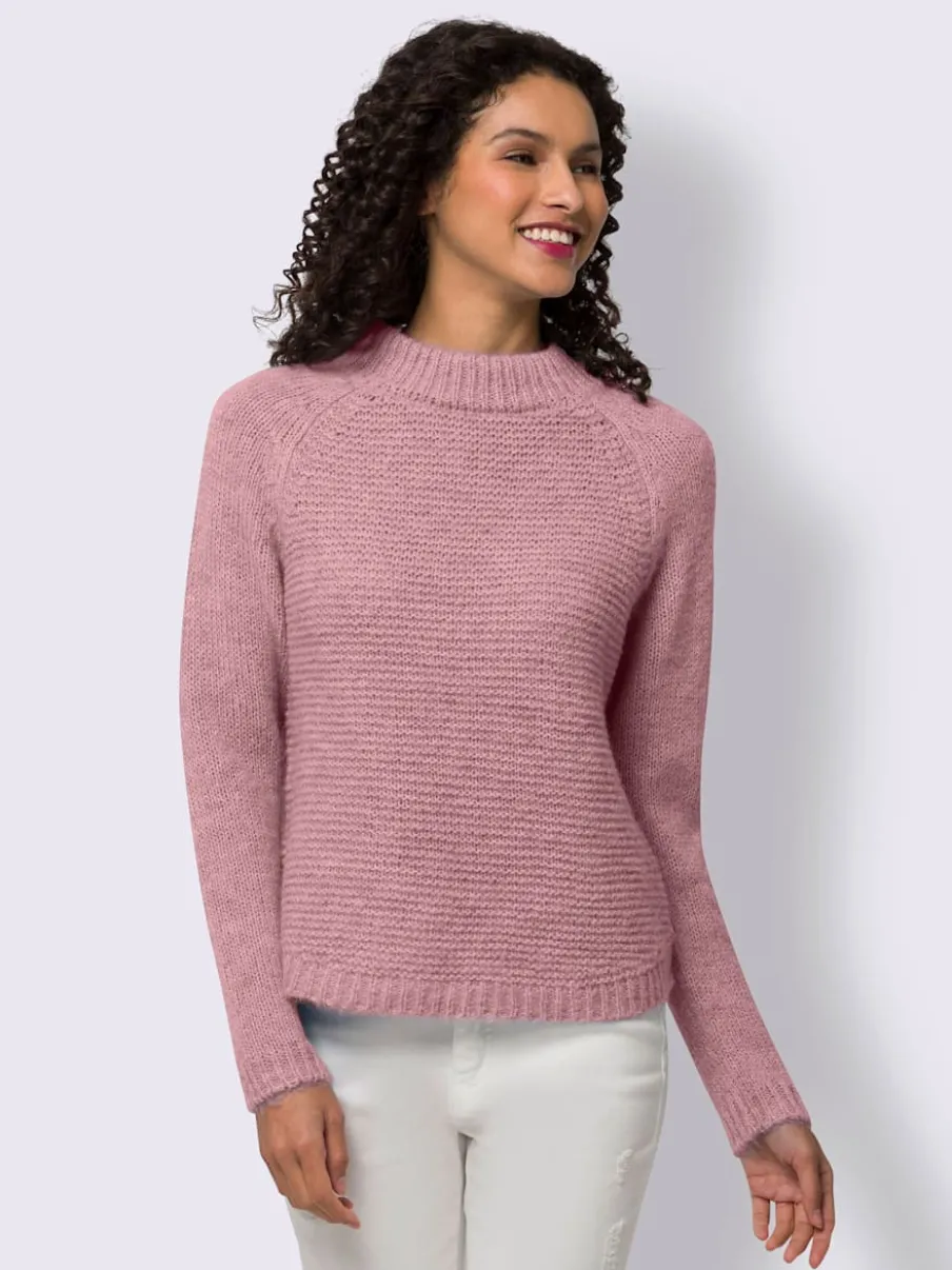 Pull en tricot col montant à manches trois-quarts et bords-côtes