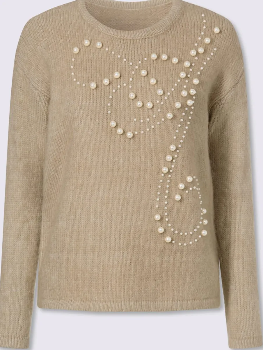 Pull en tricot à col rond avec perles fantaisie et mancherons discrets