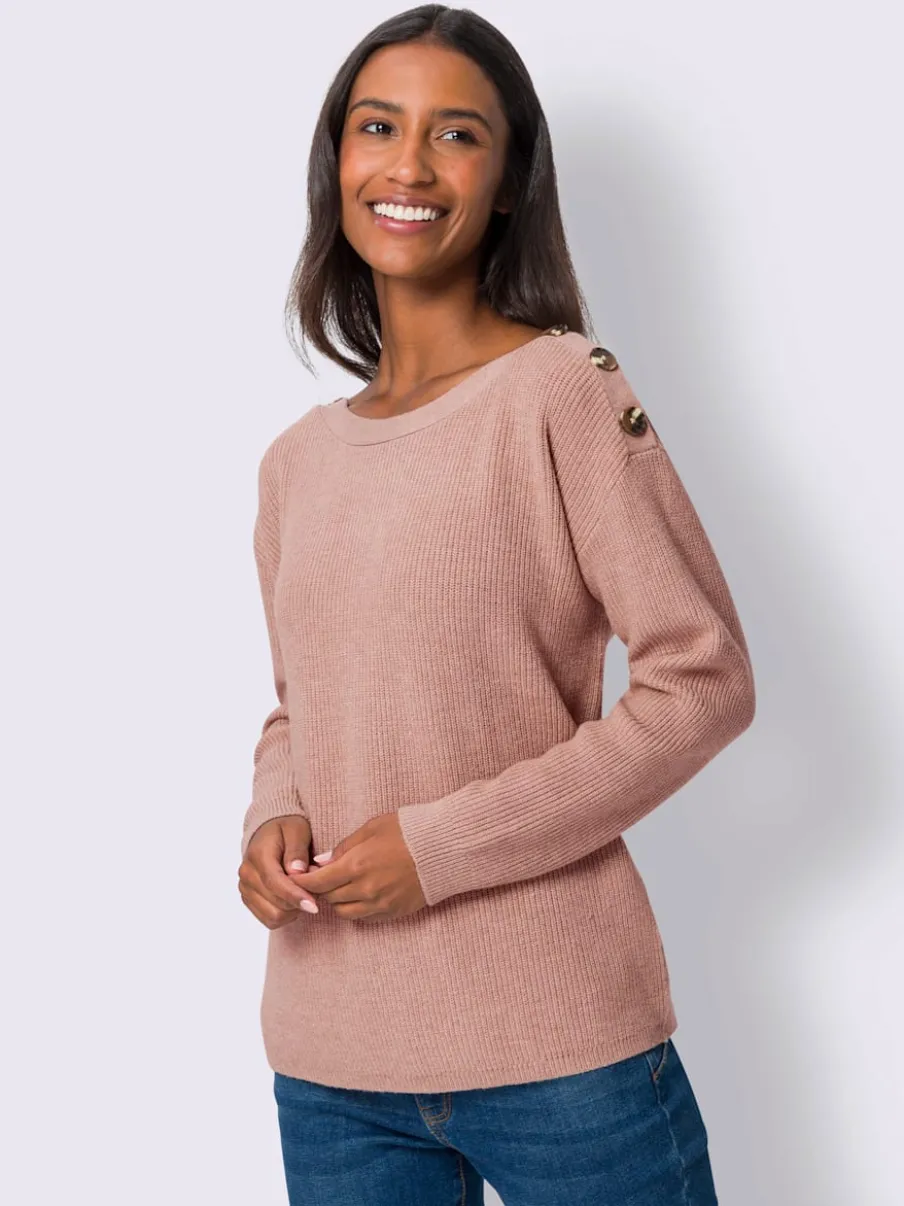 Pull en tricot côtelé à encolure ronde et boutons décoratifs