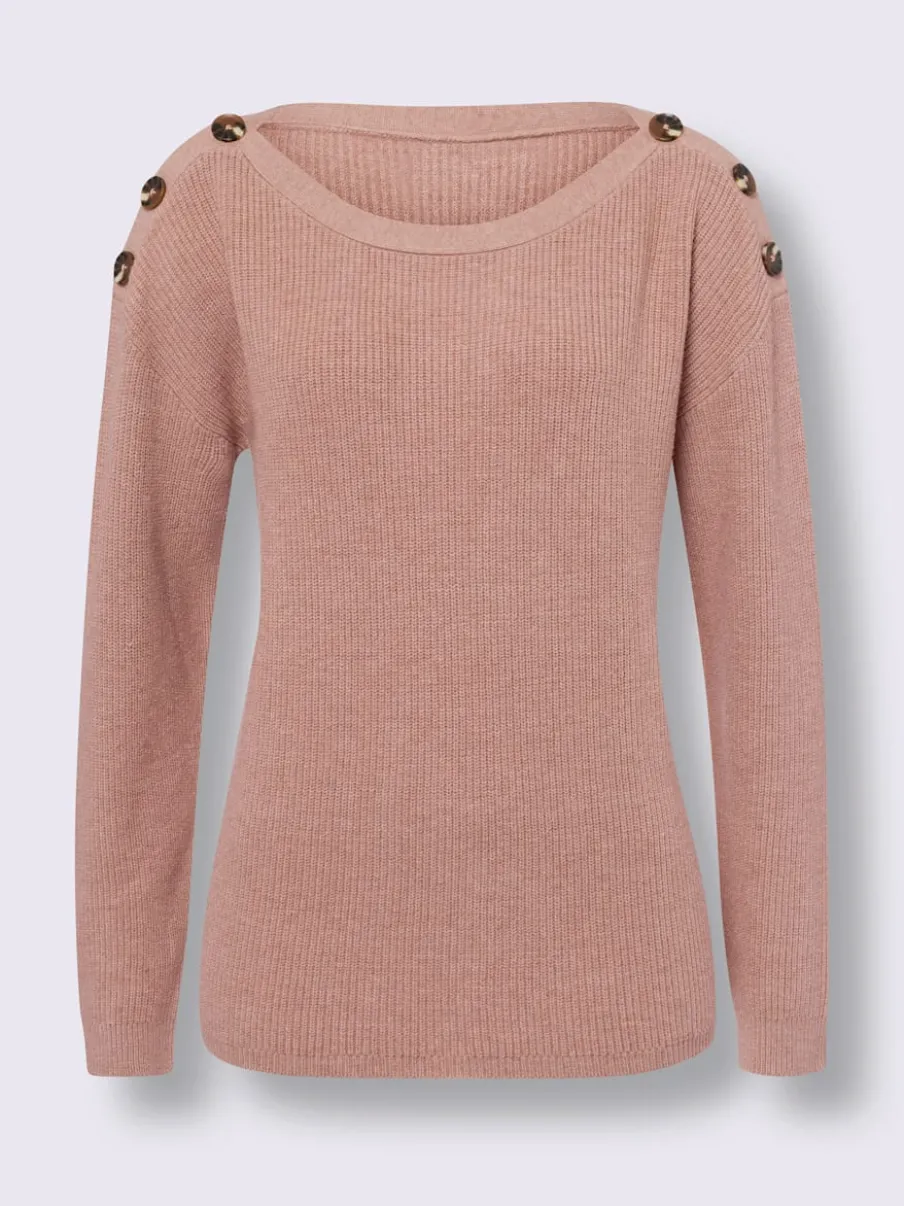 Pull en tricot côtelé à encolure ronde et boutons décoratifs