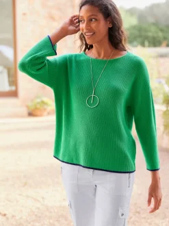 Pull en tricot côtelé à encolure U et manches trois quarts