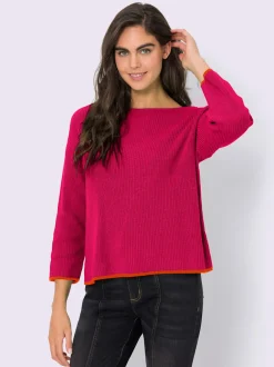 Pull en tricot côtelé à encolure U et manches trois quarts