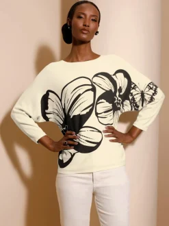 Pull en tricot fin avec col U et manches chauve-souris à motif floral