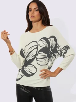 Pull en tricot fin avec col U et manches chauve-souris à motif floral