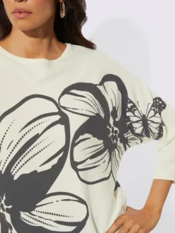 Pull en tricot fin avec col U et manches chauve-souris à motif floral