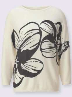 Pull en tricot fin avec col U et manches chauve-souris à motif floral