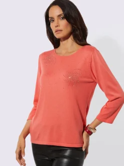 Pull en tricot fin à encolure ronde et manches 3/4 avec applications brillantes