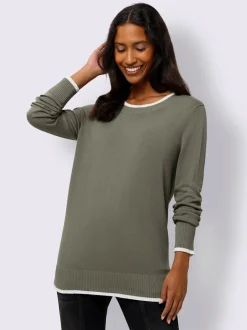 Pull en tricot fin à encolure ronde avec bords-côtes et rayures sportifs