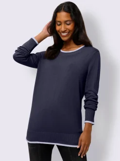 Pull en tricot fin à encolure ronde avec bords-côtes et rayures sportifs