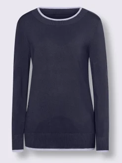 Pull en tricot fin à encolure ronde avec bords-côtes et rayures sportifs