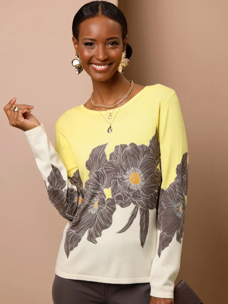 Pull en tricot fin à encolure ronde et manches longues avec motif floral