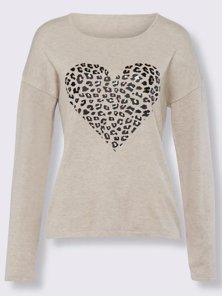 Pull en tricot fin motif cœur et léger mancheron