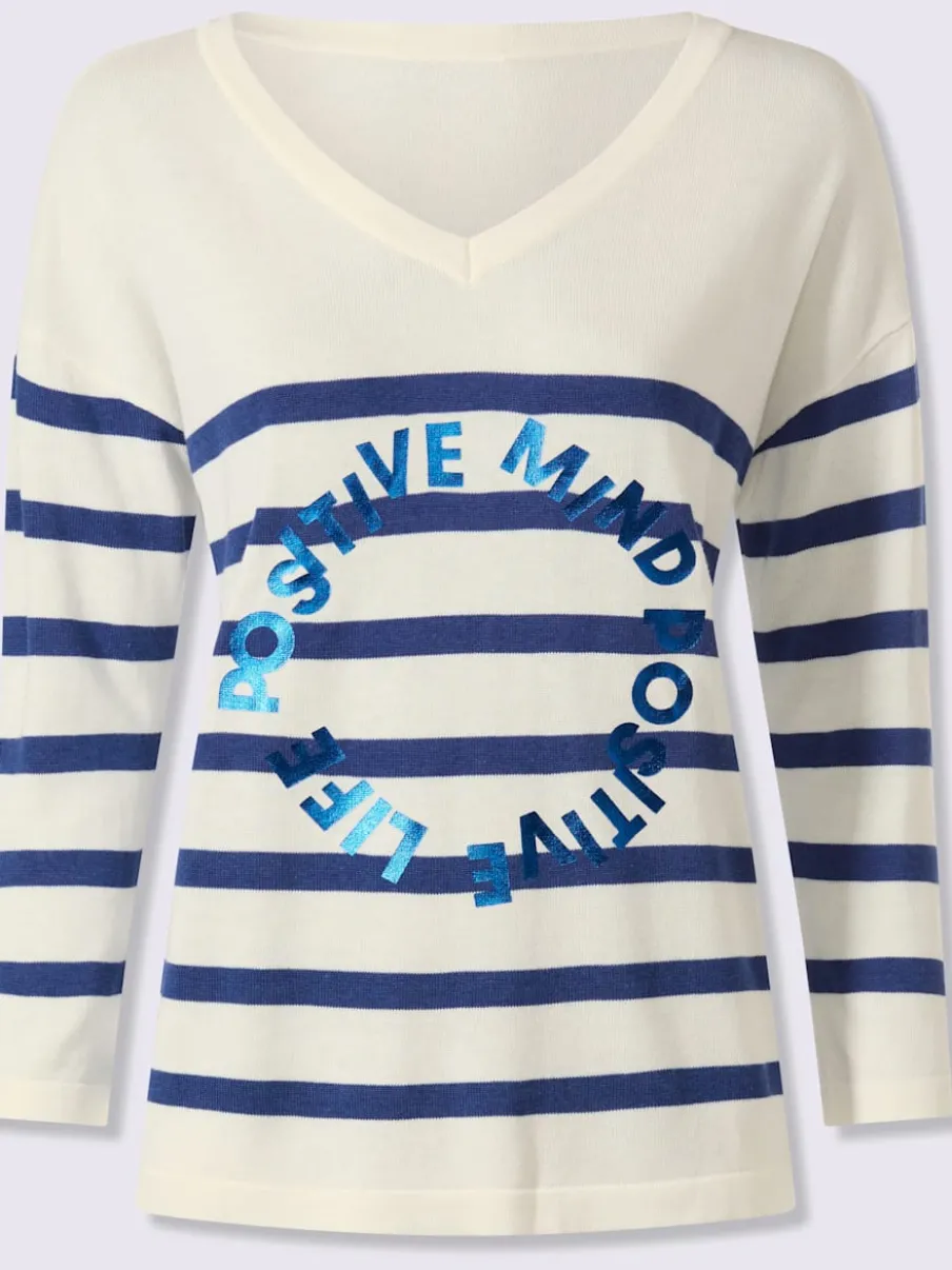 Pull en tricot fin à rayures avec col en V et manches 3/4
