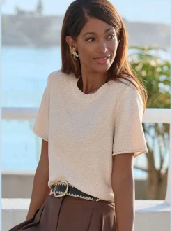 Pull en tricot léger à manches courtes avec fini côtelé et ourlet fendu