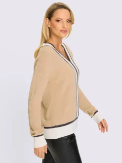 Pull en V en coton avec rayures contrastées et pierres brillantes
