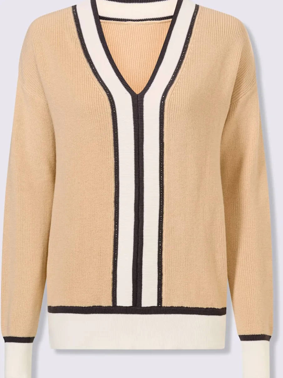 Pull en V en coton avec rayures contrastées et pierres brillantes