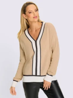 Pull en V en coton avec rayures contrastées et pierres brillantes