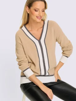 Pull en V en coton avec rayures contrastées et pierres brillantes