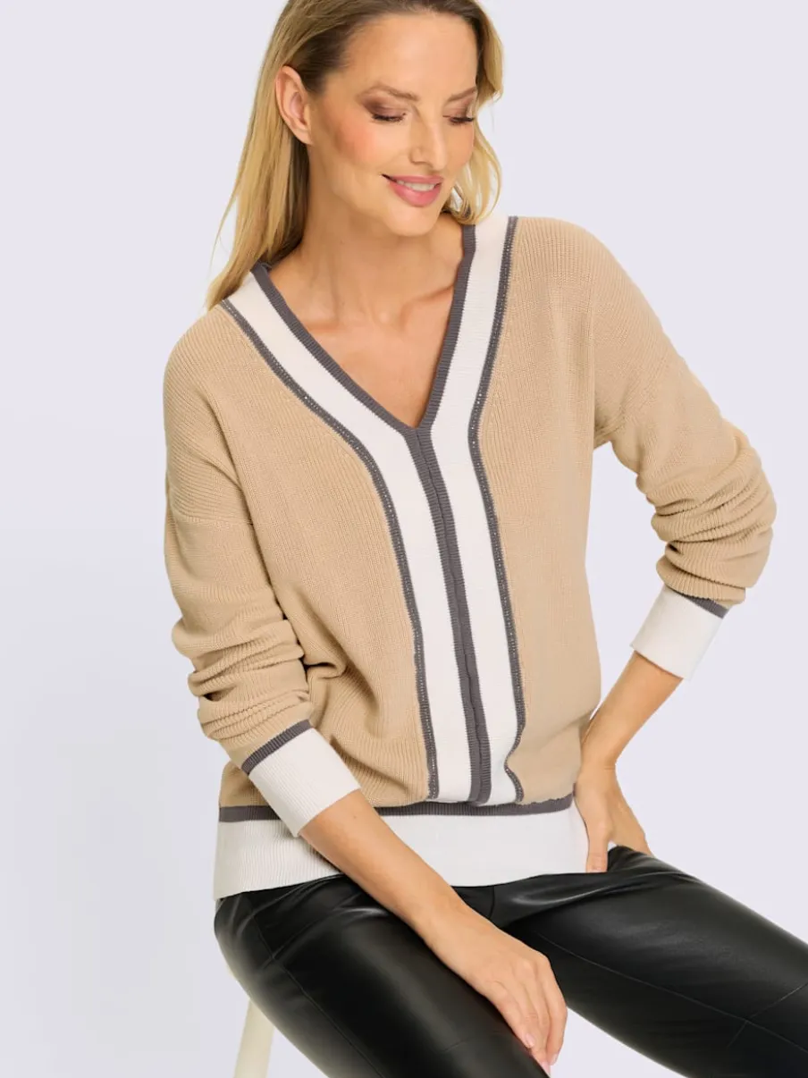 Pull en V en coton avec rayures contrastées et pierres brillantes