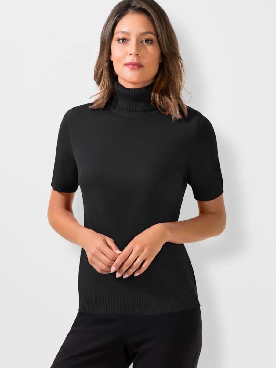Pull femme col roulé manches courtes finitions côtelées