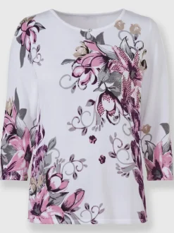 Pull imprimé floral encolure goutte manches trois quarts
