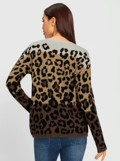 Pull jacquard avec motif léopard et pierres brillantes