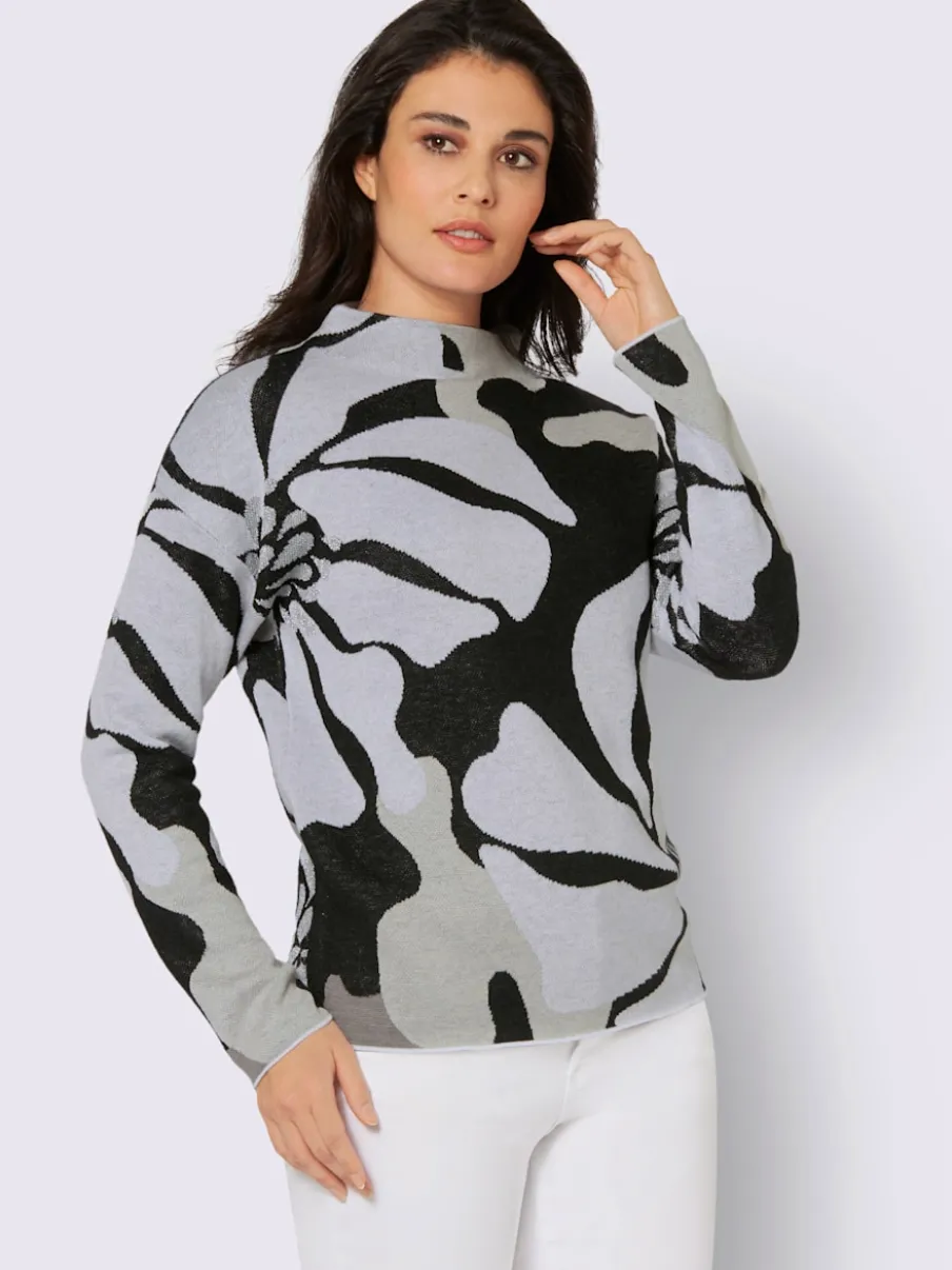 Pull jacquard à col châle et manches longues avec motif floral