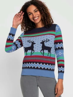 Pull jacquard confort côtelé manches longues motif norvégien