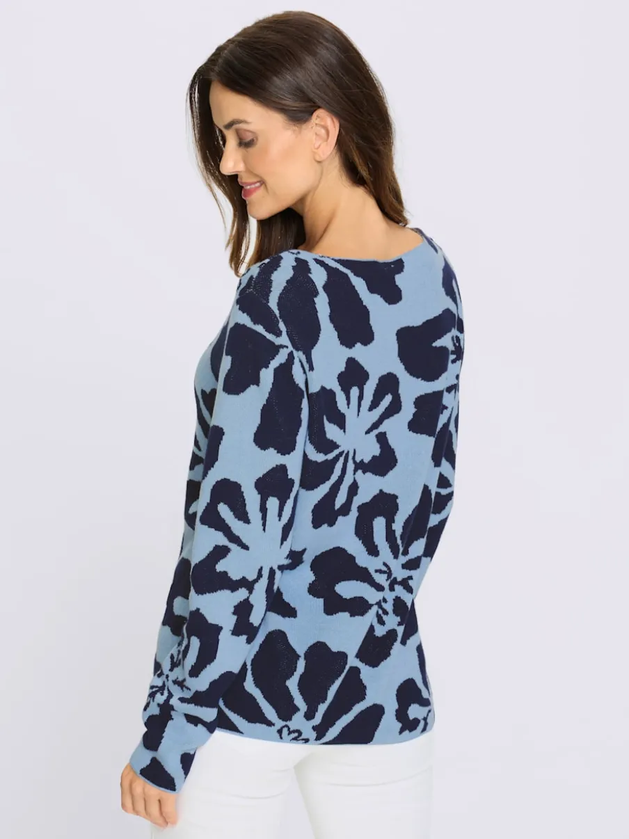 Pull jacquard à motif floral encolure ronde manches longues