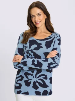 Pull jacquard à motif floral encolure ronde manches longues