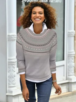 Pull jacquard motif norvégien col rond manches raglan