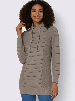 Pull long col roulé manches longues motif structuré moderne