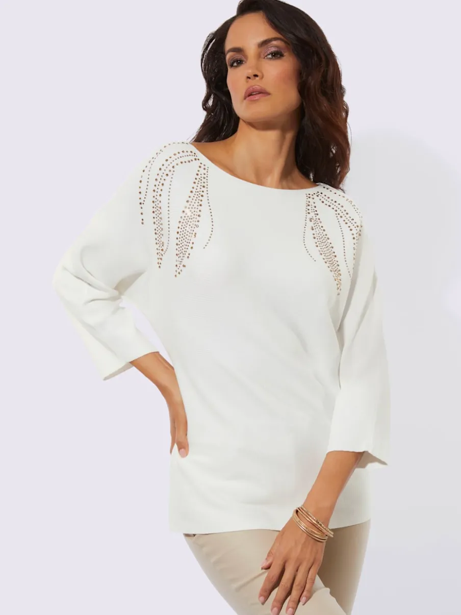 Pull à manches 3/4 col en U avec pierres brillantes