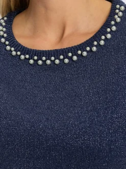 Pull à manches courtes avec encolure ronde et perles décoratives