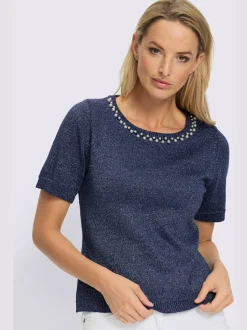 Pull à manches courtes avec encolure ronde et perles décoratives