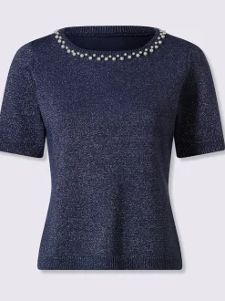 Pull à manches courtes avec encolure ronde et perles décoratives