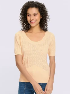 Pull à manches courtes avec motif ajouré et bord ondulé