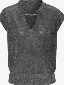 Pull à manches courtes encolure calice avec chaînes à maillons en fil brillant transparent et léger mélange de matières