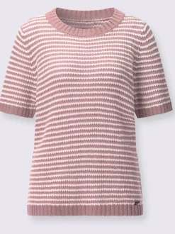 Pull à manches courtes en coton à rayures sportives et encolure ronde